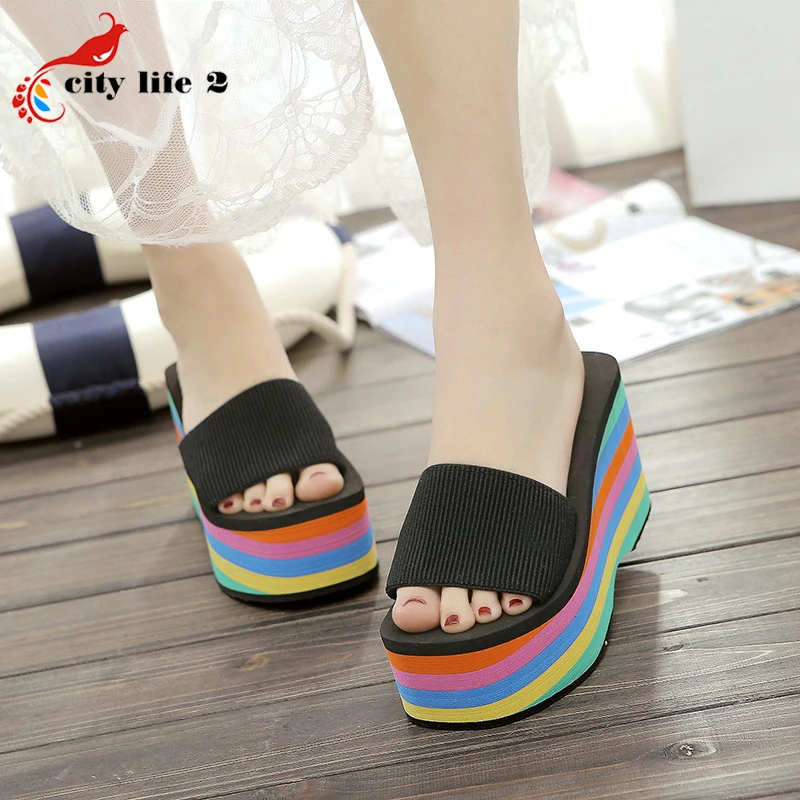 Platform Beach Slippers font b Women b font Summer New High Heels Shoes Zapatos Mujer Colorful