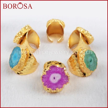 

BOROSA 5pcs Gold Color Quartz Bang Ring Rainbow Quartz Flower Adjustable Ring Druzy Jewelry for Women G0308