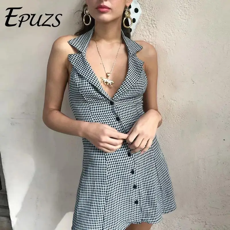

boho vintage backless plaid dress women summer dress 2019 casual vestidos sleeveless chiffon short dress korean black sundress