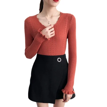 

Autumn Winter Women Pullover Sweater Femme Womens Long Sleeve Sweaters 2019 V Neck Knitted Sweater Ladies Basic Tops Slim D446