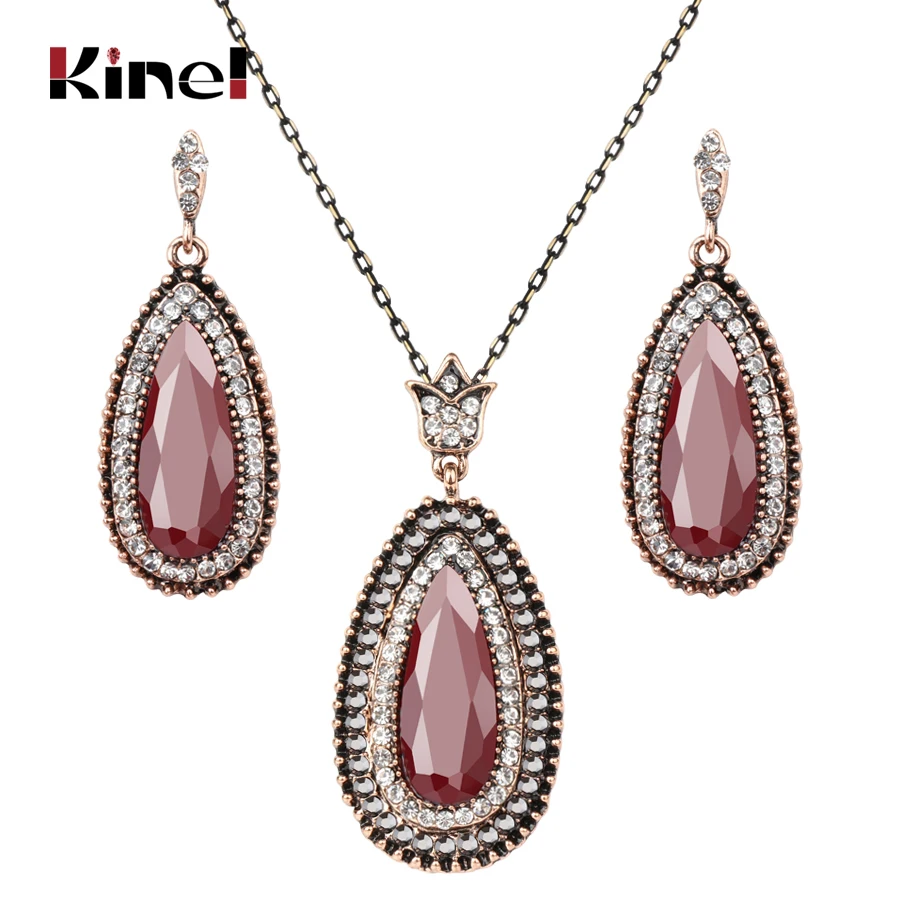 

Kinel Fashion Turkey Jewelry Sets Red Water Drop Crystal Pendant Necklace And Earrings For Women Wedding Vintage Jewelry