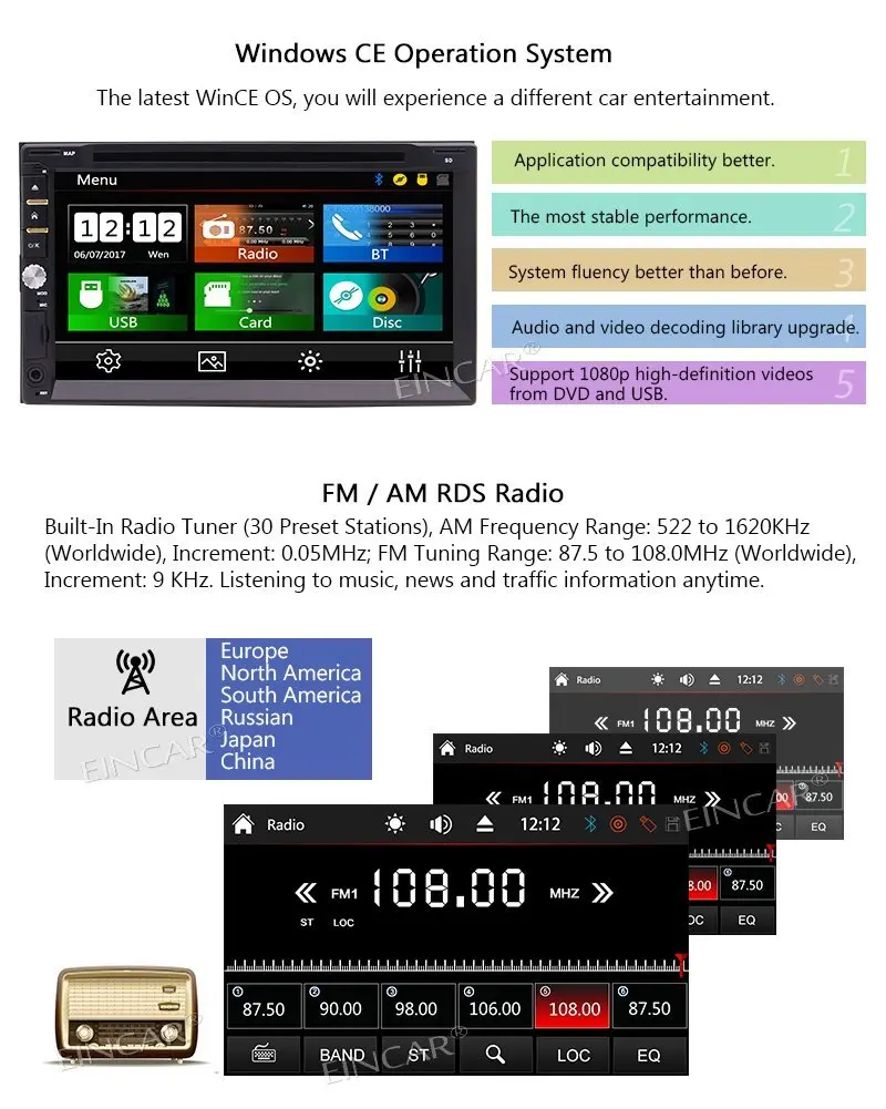 Sale EinCar Wireless Rear Camera 7" 2Din Touchscreen in Dash Bluetooth Car Stereo Automotive DVD Player 1080P Video Audio Head Unit 2
