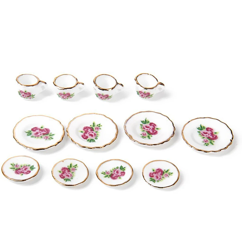 15 pieces Porcelain tea set Dollhouse miniature foods Chinese rose dishes cup