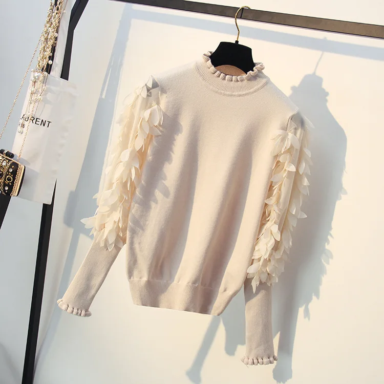Women's Awesome Artificial Feather Sleeves Sweater Beige