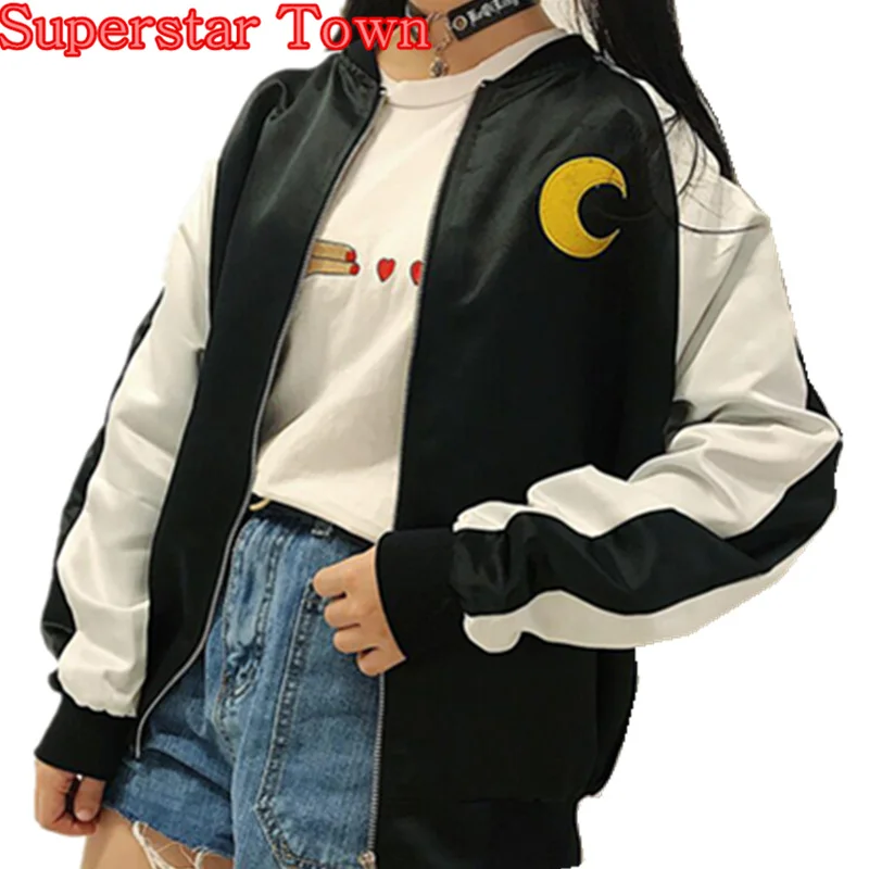 

Women Coat Harajuku Embroidery Female Outerwear Japanese Anime Sailor Moon Jacket Black Spring Clothes