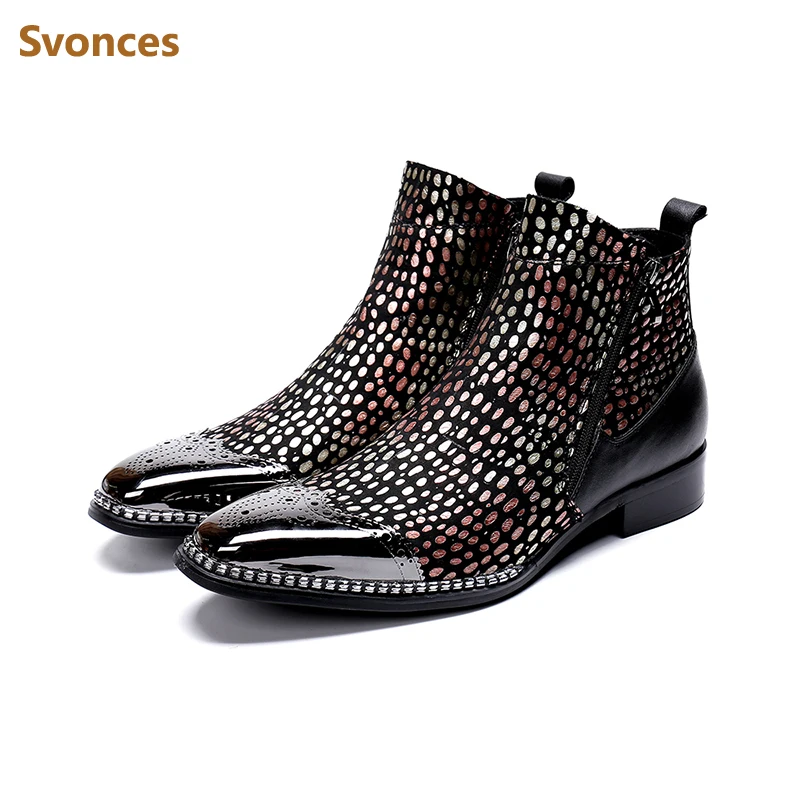 

Fashion Mixed Color Polka Dot Leather Shoes Man Comfortable Material Metal Toe Zipper Boots Low Heels Top Quality Ankle Boots