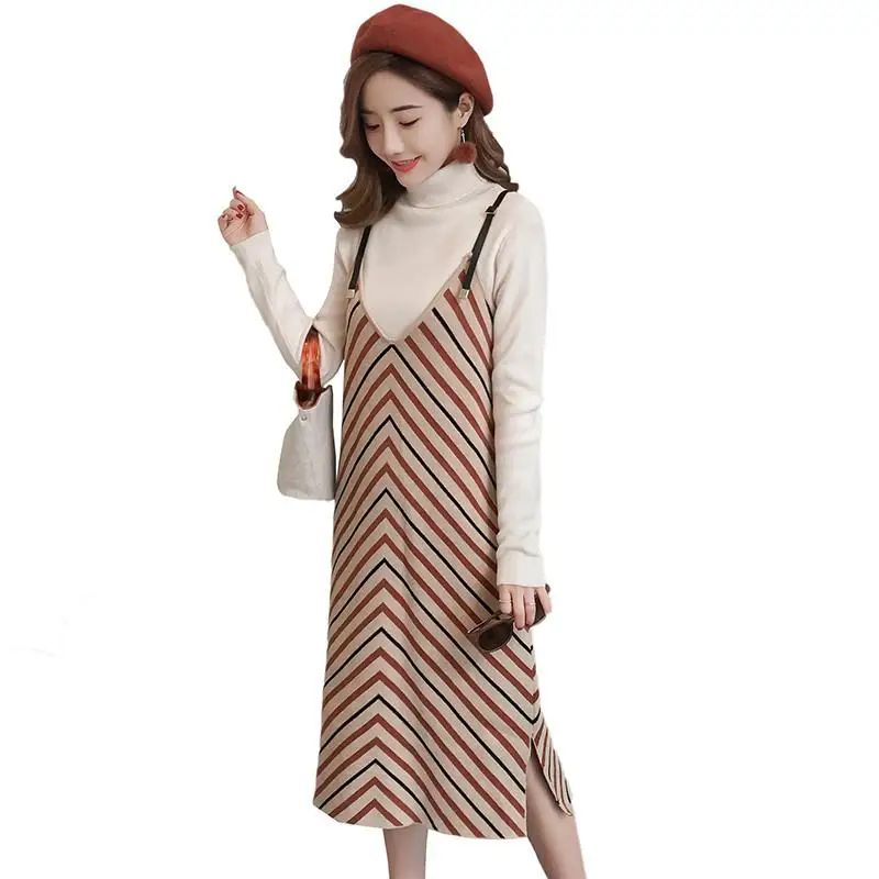 

2019 Maternity Clothes Knit High Collar Pullover+Striped Sling Dress 2Pcs Sets Pregnant Women Pregnancy Sweater Dress Suit Q499