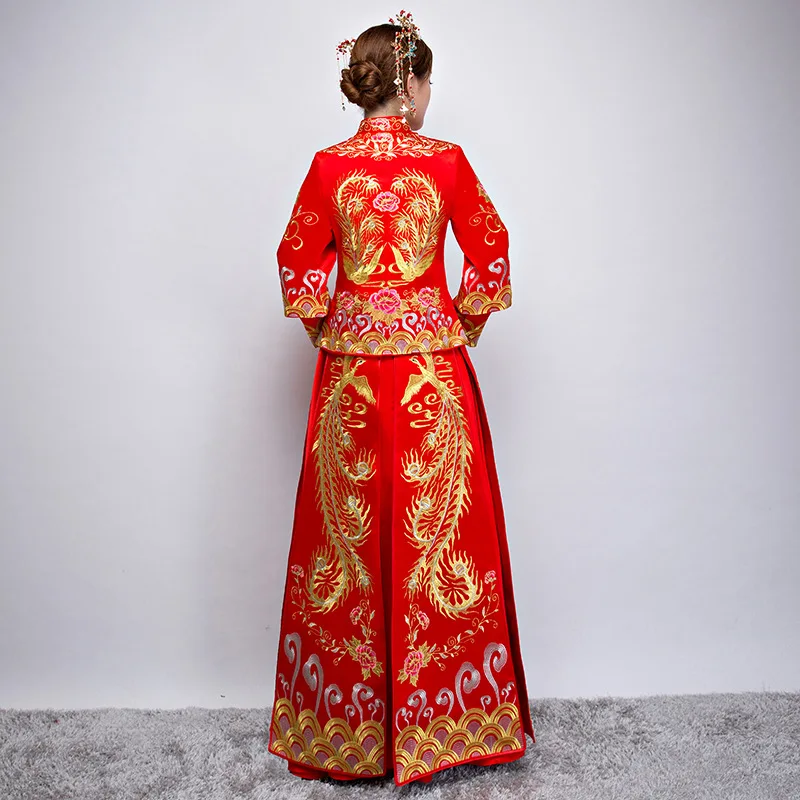 Chinese Traditional Dress Red Long Sleeve Cheongsam Embroidery Qipao Oriental Dresses Wedding Invit - 33010902896