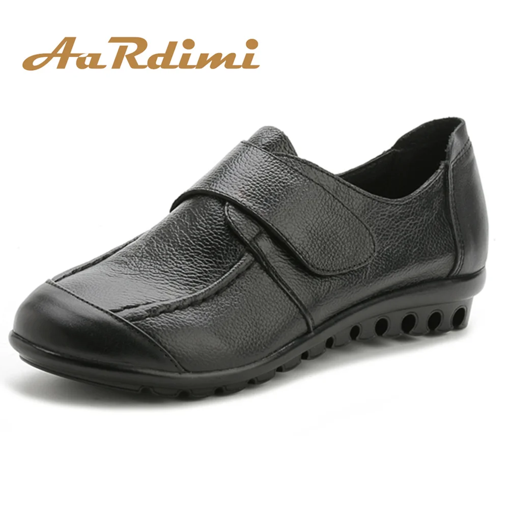 

AARDIMI Spring Cow Leather Women Flats Shoes Fashion Solid Mother Shoes Hook & Loop Round Toe Casual Shoes For Woman