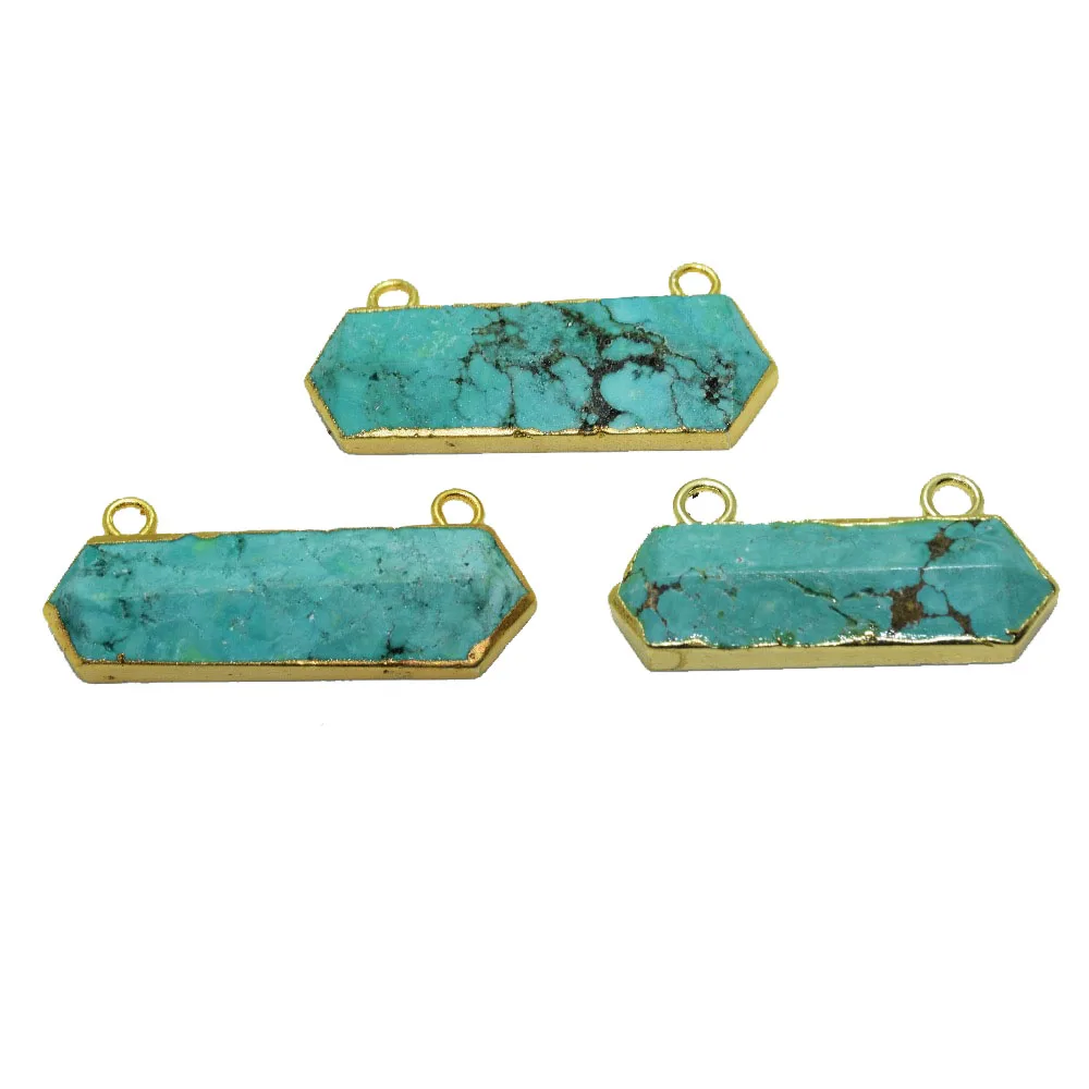 

Green Turquoises Natural stones jewelry making women gold bezel pendant connector for necklace blue Howlite Hexagonal Gem 2 loop