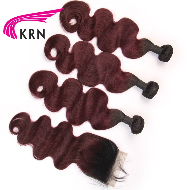 KRN 1B/99J Color Brazilian Human Hair 3 Pieces Bundles With Lace Closure Body Wave Remy Hair Extension Full End Fast Shipping