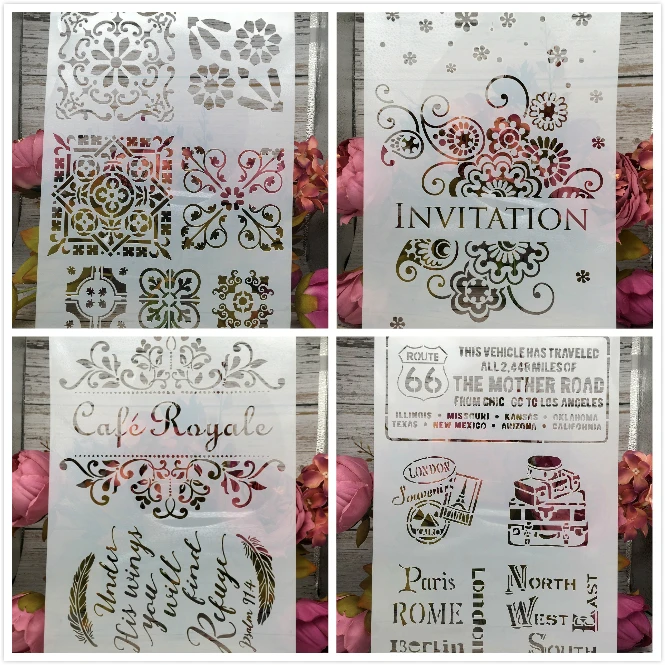 

4Pcs/Set A4 Invitation Cafe DIY Layering Stencils Painting Scrapbook Coloring Embossing Album Decorative Card Template