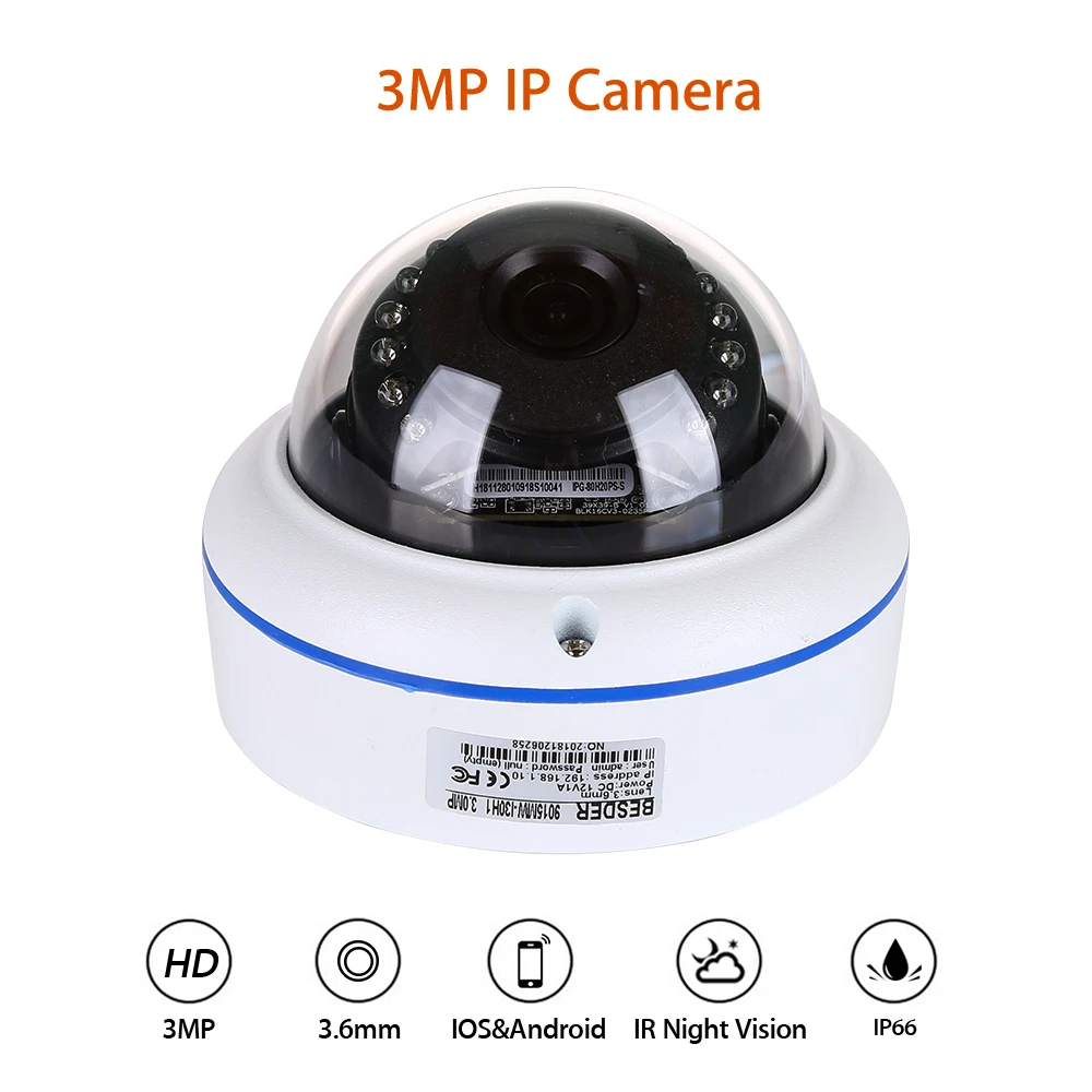 

3MP 1080P IP Camera Smart Security 3.6mm Onvif IR Night Vision Dome H.265 CCTV
