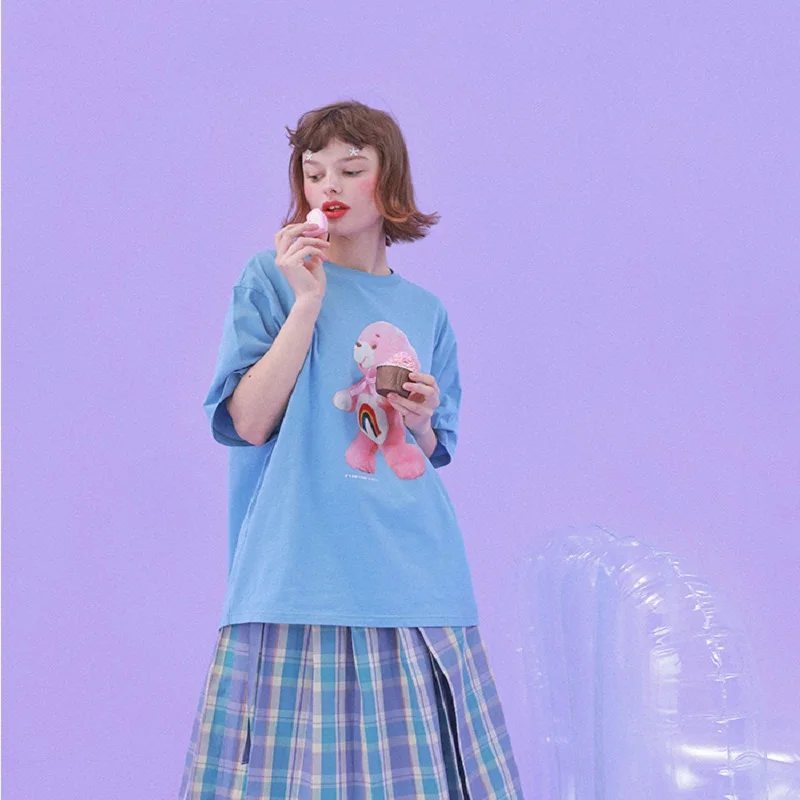 

Summer Sweet Oversized Women Tshirt O Neck Loose Female Cotton Tee Shirt Tops Cute Bear Print Bow Ladies Short-sleeved T-shirt
