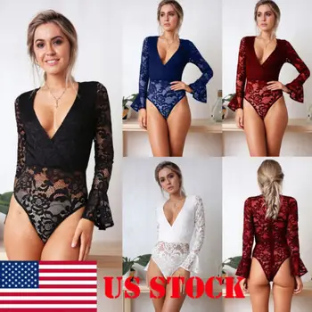 

2018 New Fashion Hot Sexy Charming Women Sexy Bodysuit Lace V-neck Attractive Jumpsuit Romper Leotard Tops