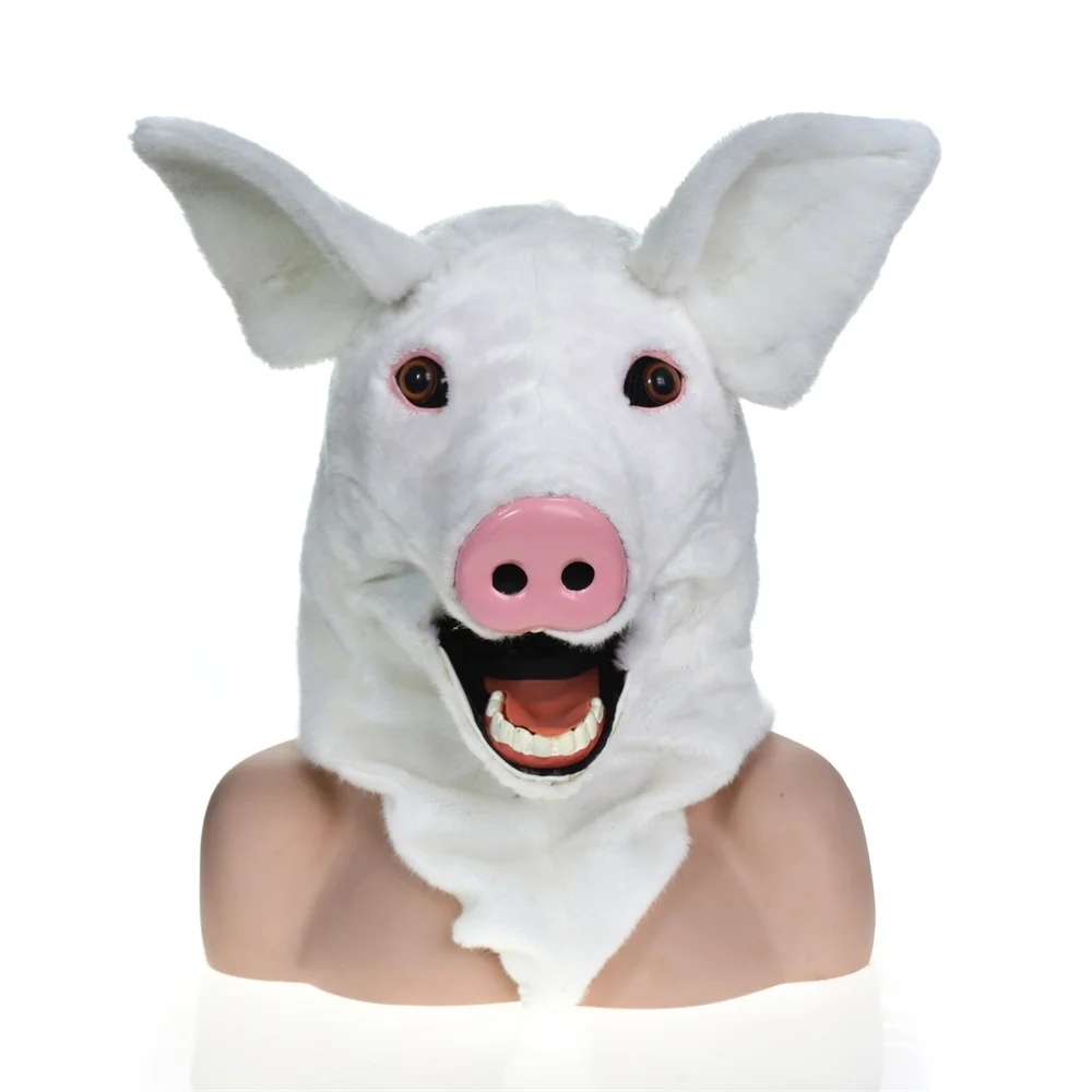 White Pig moving mouth mask with fur decorated for Halloween and party funin Party Masks from