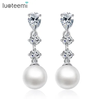 

LUOTEEMI Brand CZ Jewelry Classic Water Drop Luxury Cubic Zirconia Crystal Imitation Pearl Wedding Bridal Earrings For Brides