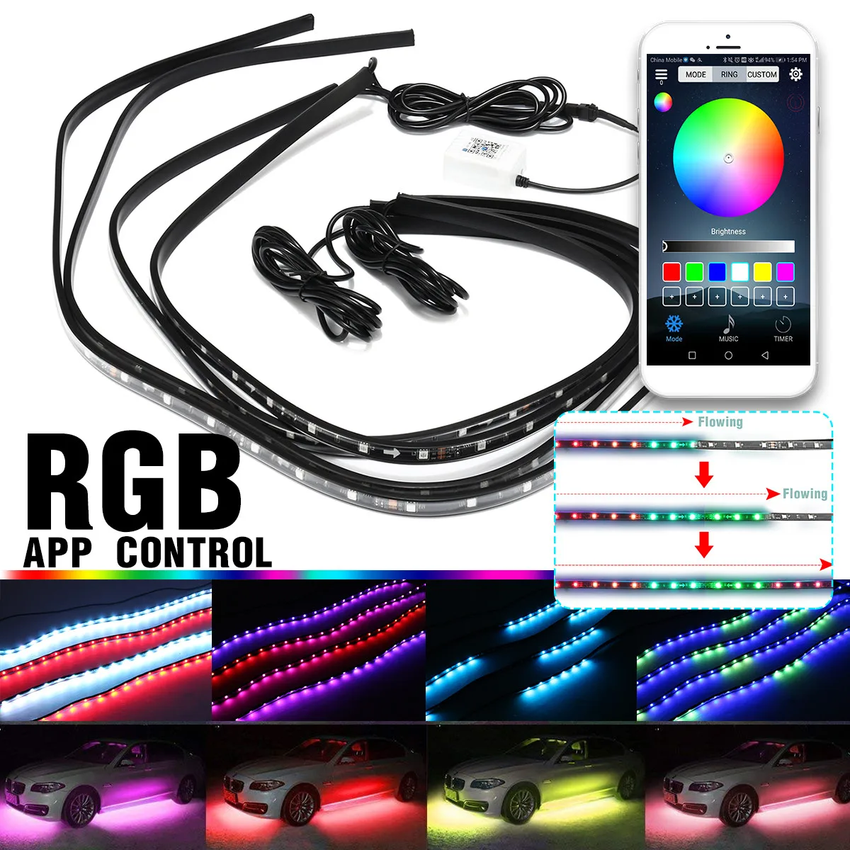 4X RGB LED Under Car Tube Strip Underbody Glow Neon Light Kit Wireless Control