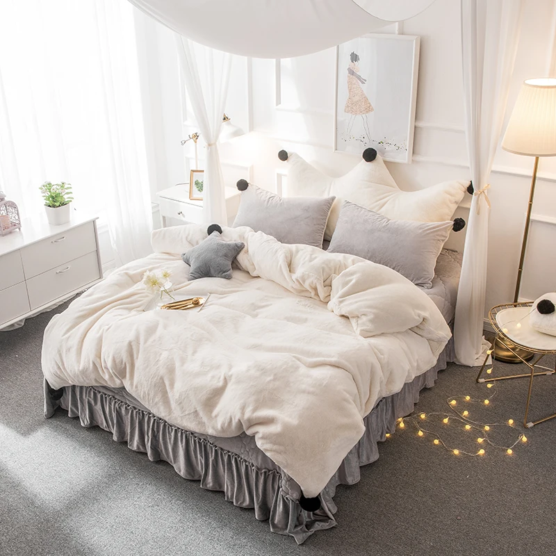 

White Gray Pink Fleece Fabric Winter Girl Bedding Set Soft Velvet Flannel Duvet Cover Thick Bedspread Bed sheet/Linen Pillowcase