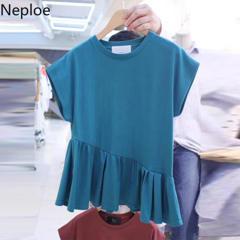 

Neploe Cotton Ruffled Short Sleeve Women T-shirt O-neck Irregular Tshirts Woman 2019 New Fashion Solid T Shirts Lady Tees 53477