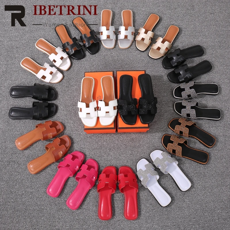 

RIBETRINI New Hot Sale Dropship Flat H Slippers Women 2019 Summer Large Size 34-43 Casual Slides Women Beach Shoes Woman