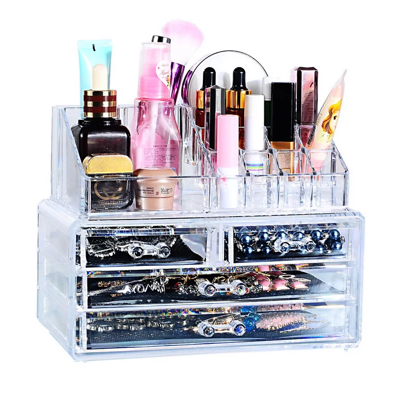 

Multi-layer Transparent PS Make Up Case Storage Box Set Drawers Cosmetic Organzier Jewelry Cabinet Box 23.6x13.6x10.8cm