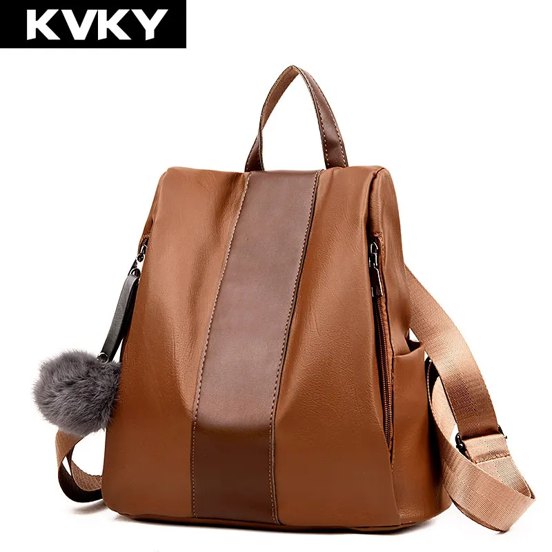 

KVKY Brand Women Backpacks Vintage Soft PU Leather Backpacks for Teenager Girls School Shoulder Bags Female Travel Back Daypacks