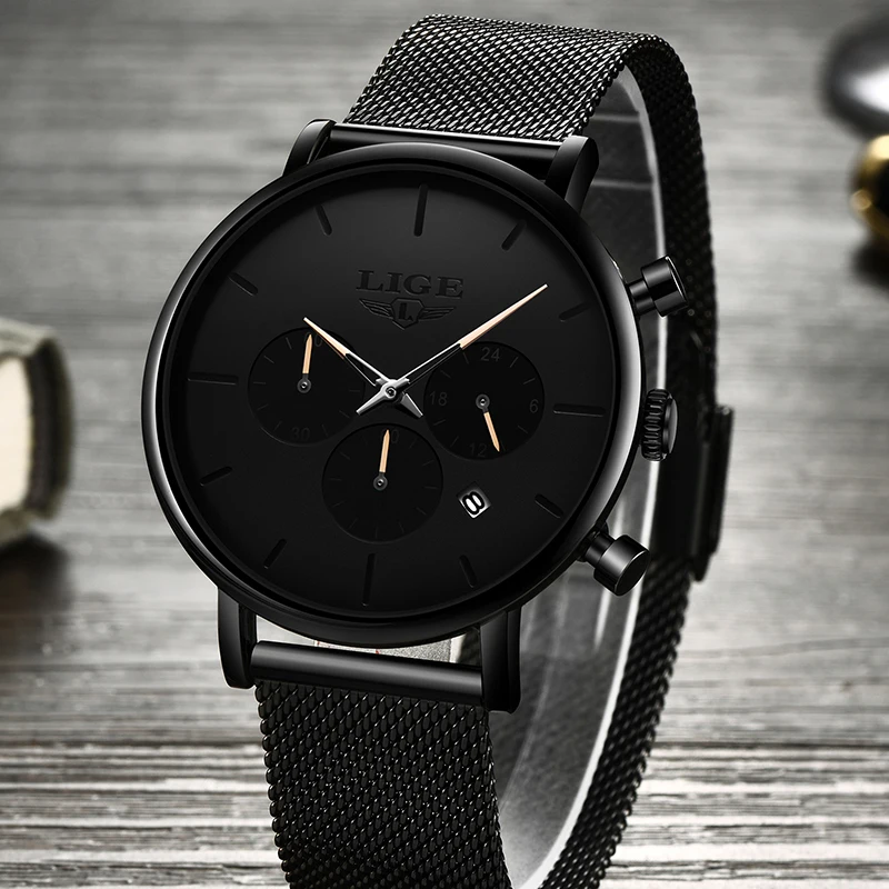 LIGE Fashion Mens Watches Top Brand Luxury Quartz Watch Men Stainless Steel Waterproof Sport Chronograph Clock Relogio Masculino