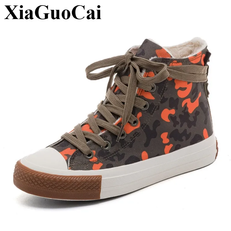 

New Women High Top Canvas Shoes with Fur Winter Warm Fleeces Lace-up Sneakers Fashion Camo Flat Cotton Skate Footwear Anti-skid