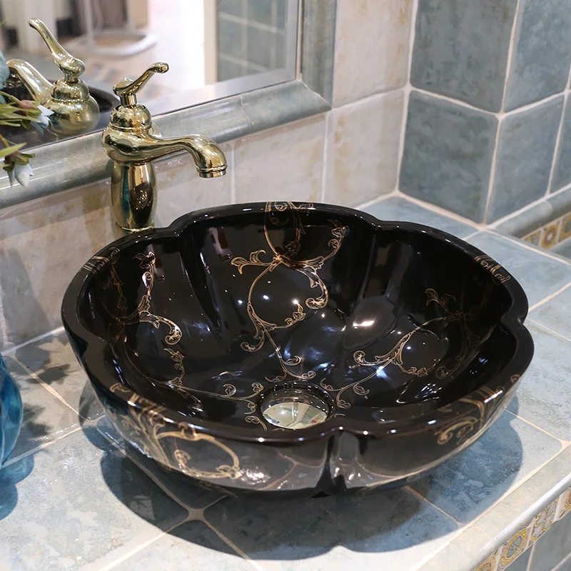 Round Flower shape Bathroom Lavabo Ceramic Counter Top Wash Basin Cloakroom Hand Painted Vessel Sink coloured bathroom basins (9)
