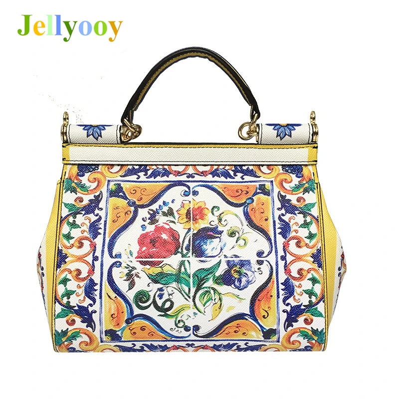 

Famous Designer Flower Print Painted Tote Shoulder Bag Female Sicilian Vintage Ethnic Style Handbag Genuine Leather Clutch Purse