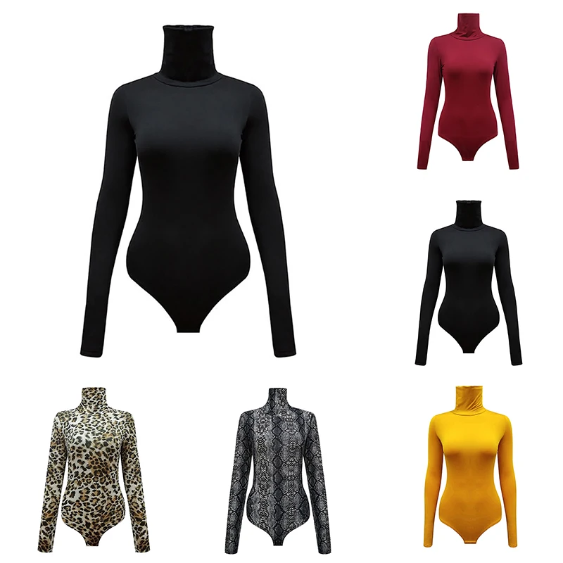 

Womens Turtleneck Long Sleeve Bodysuits Bodysuit Knitted Slim solid color Fashion Jumpsuit Dark buckle splice Clothes