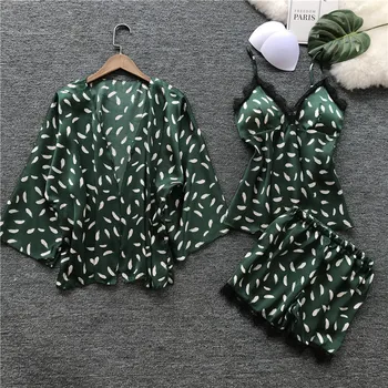 

Printed feather 3 piece Nightwear Pajamas Set Plus Size Bathrobe Women V-neck Satin Sexy Lace Lingerie Sleepwear Robe Set