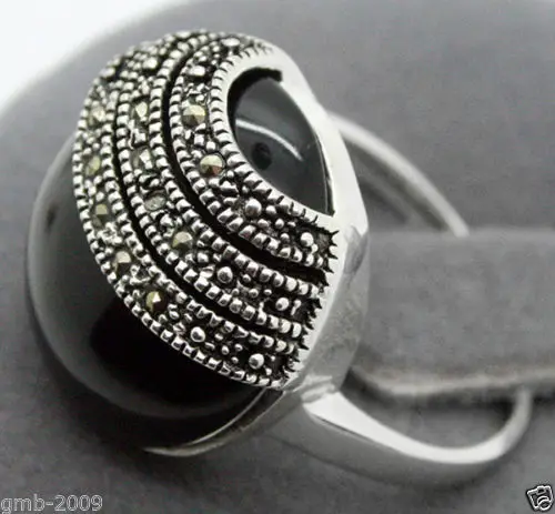 

Huge 20mm Natural Black Agate 925 Sterling Silver Ring Size 7/8/9/10