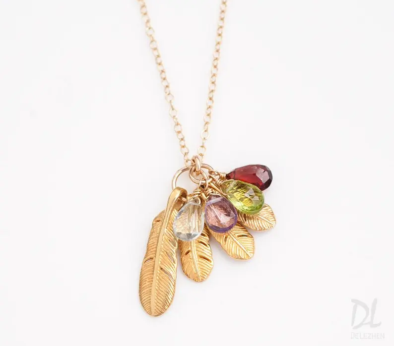 

Feather Birthstone Necklace Gift for Mom Customized Jewelry Charm Family Necklace Gift for Wife Handmade Jewelry