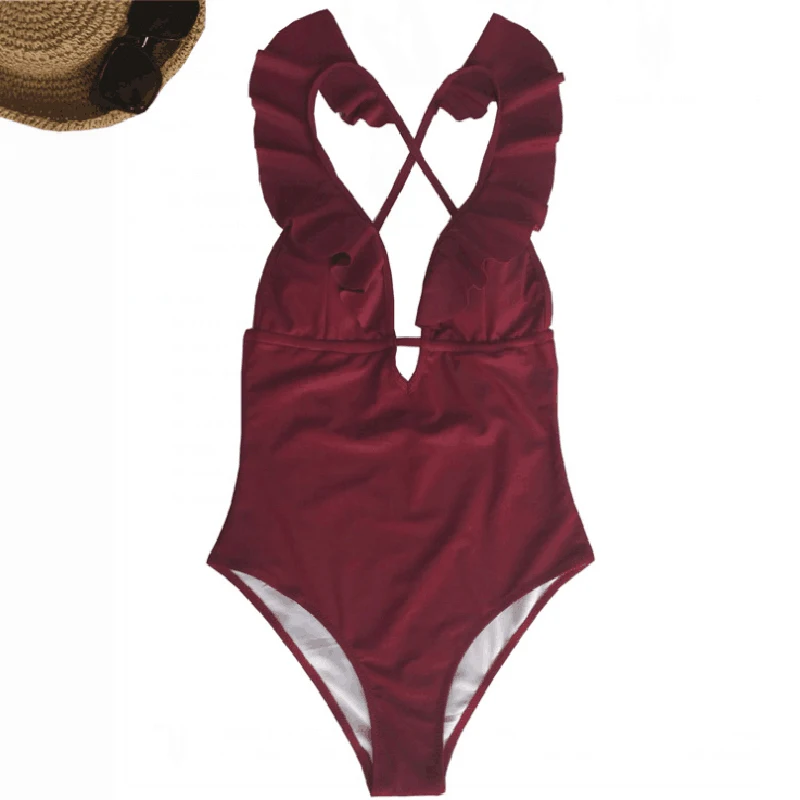

Retro ruffle v neck one-piece swimwear women 2019 new beach bathing suit Monokini Halter top solid swimsuit S-2XL