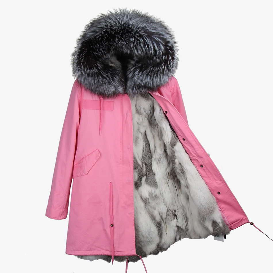 Модное женское розовое длинное пальто с капюшоном и большим воротником из меха енота, парки, верхняя одежда, зимняя куртка со съемной подкладкой из меха кролика