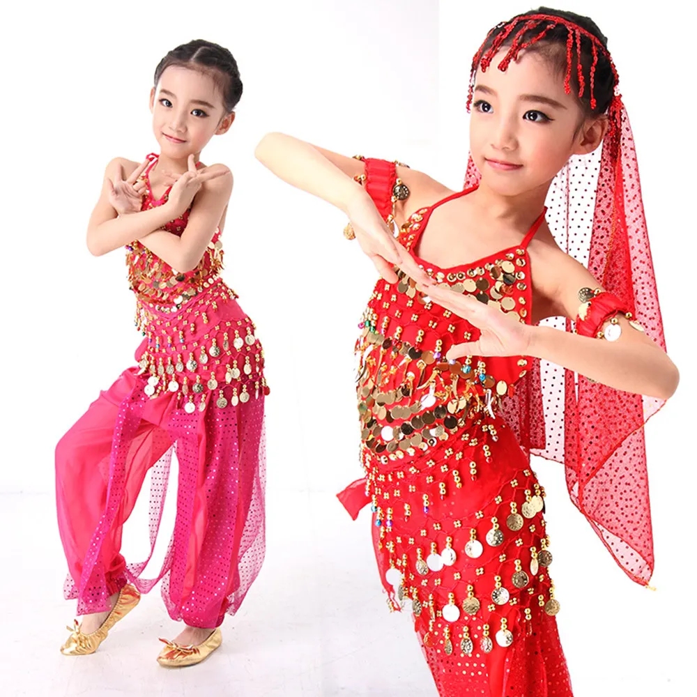 

Child Belly Dance Costumes Set Top Pant Hip Scarf Kids Bollywood Indian Belly Dancing Costume Girls Bellydance Performance Wear