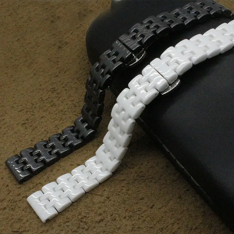 Replacement strapsCeramic Black White Watchband 14mm fit fashion Diamond watches Lady fold stainless steel deployment clasp