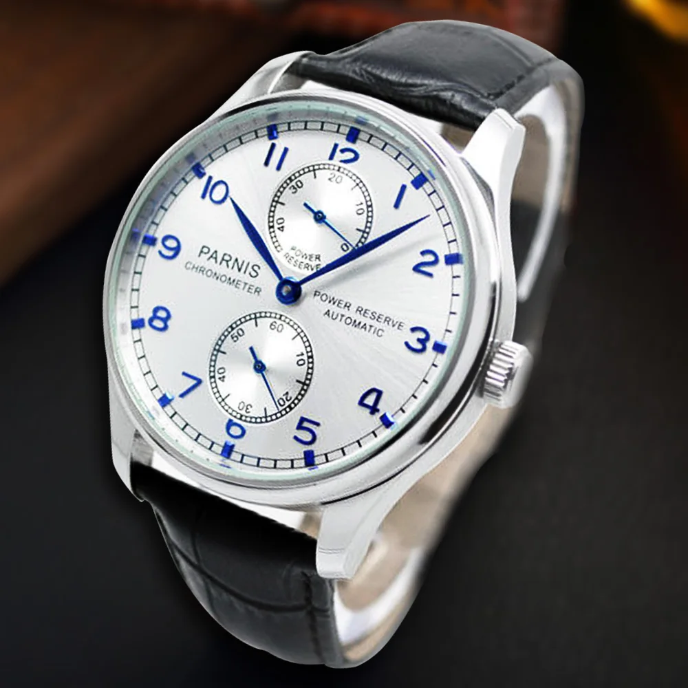 

43mm parnis argento quadrante bianco power reserve Luxury Brand Cuoio Genuino relogio masculino movimento automatico mens watch
