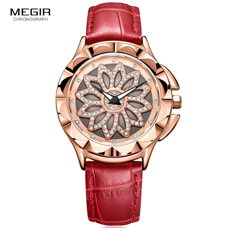 

MEGIR Women's Analogue Quartz Watches Fashion Red Leather Strap Luminous Wristwatch for Ladies Diamond Flower Dial 2059LRERE