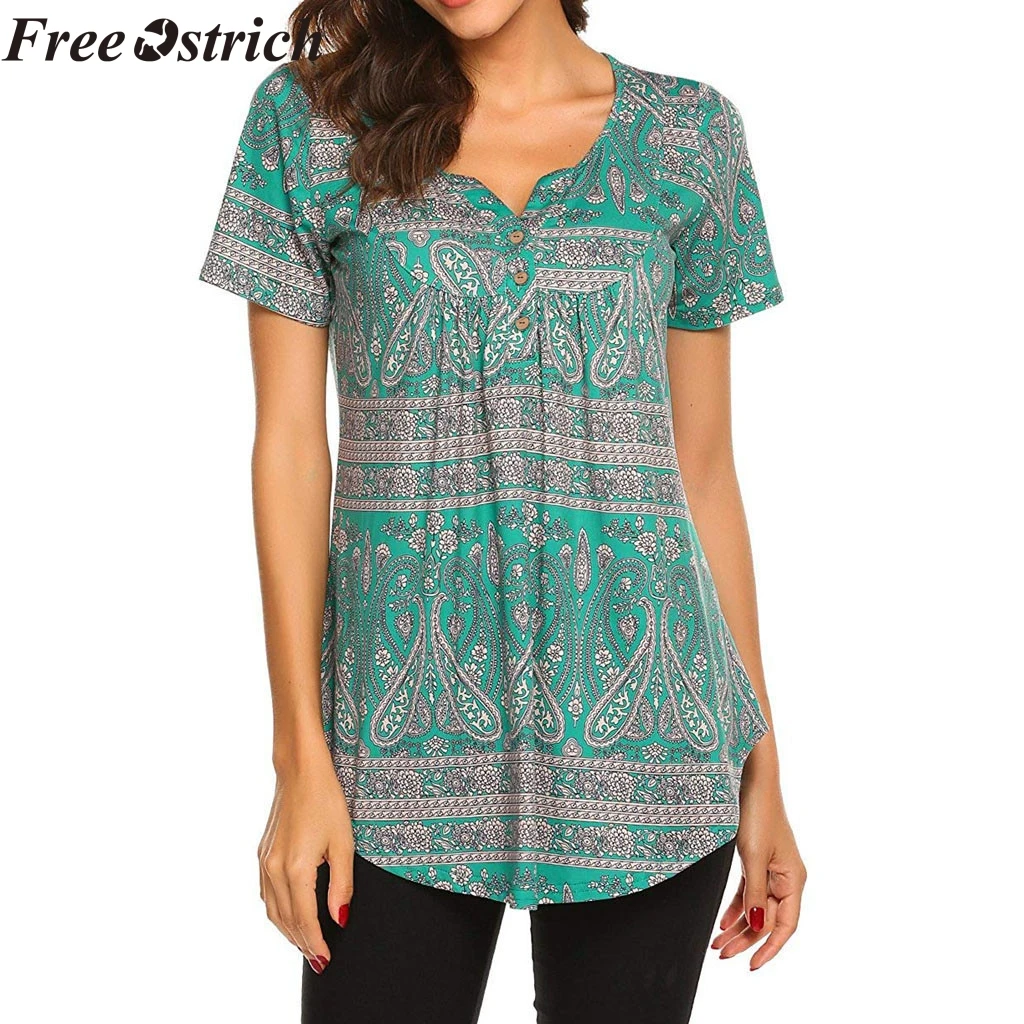 Aliex Womens Casual Tunic Top Short Sleeve Blouse T-Shirt Button Decor