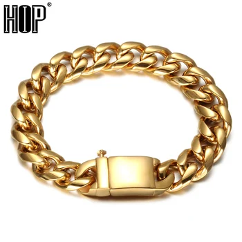

HIP Hop Heavy Rock Mens Bracelet Gold Color 316L Stainless Steel Curb Cuban Link Chain Bracelets For Men Jewelry