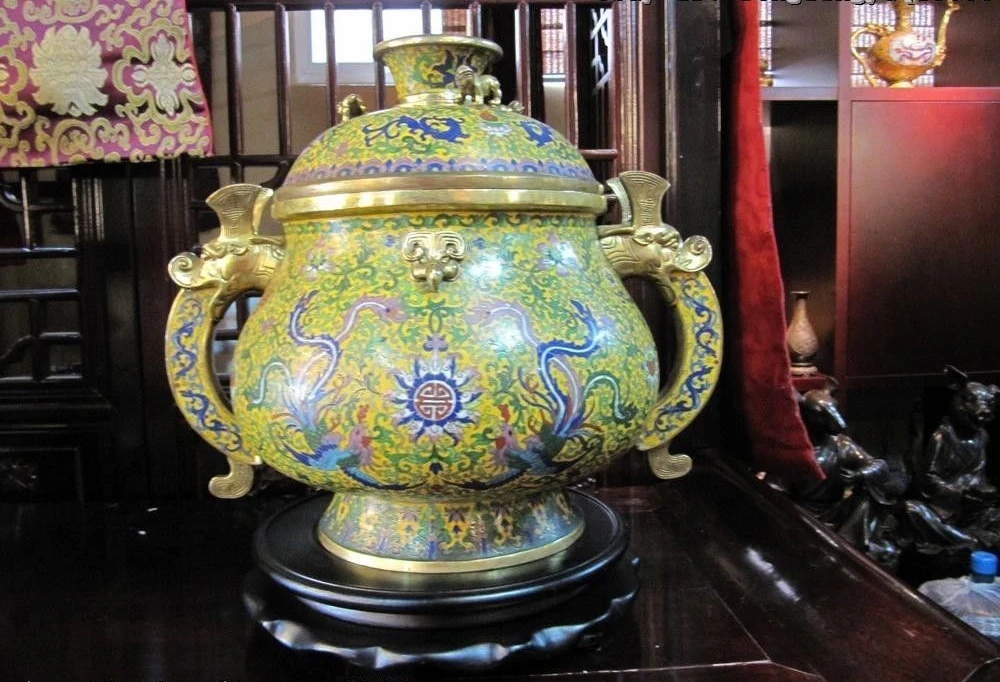 Китай Pure bronze перегородчатой 24 К золото восемь сокровища Феникс горшок глиняный кувшин ваза