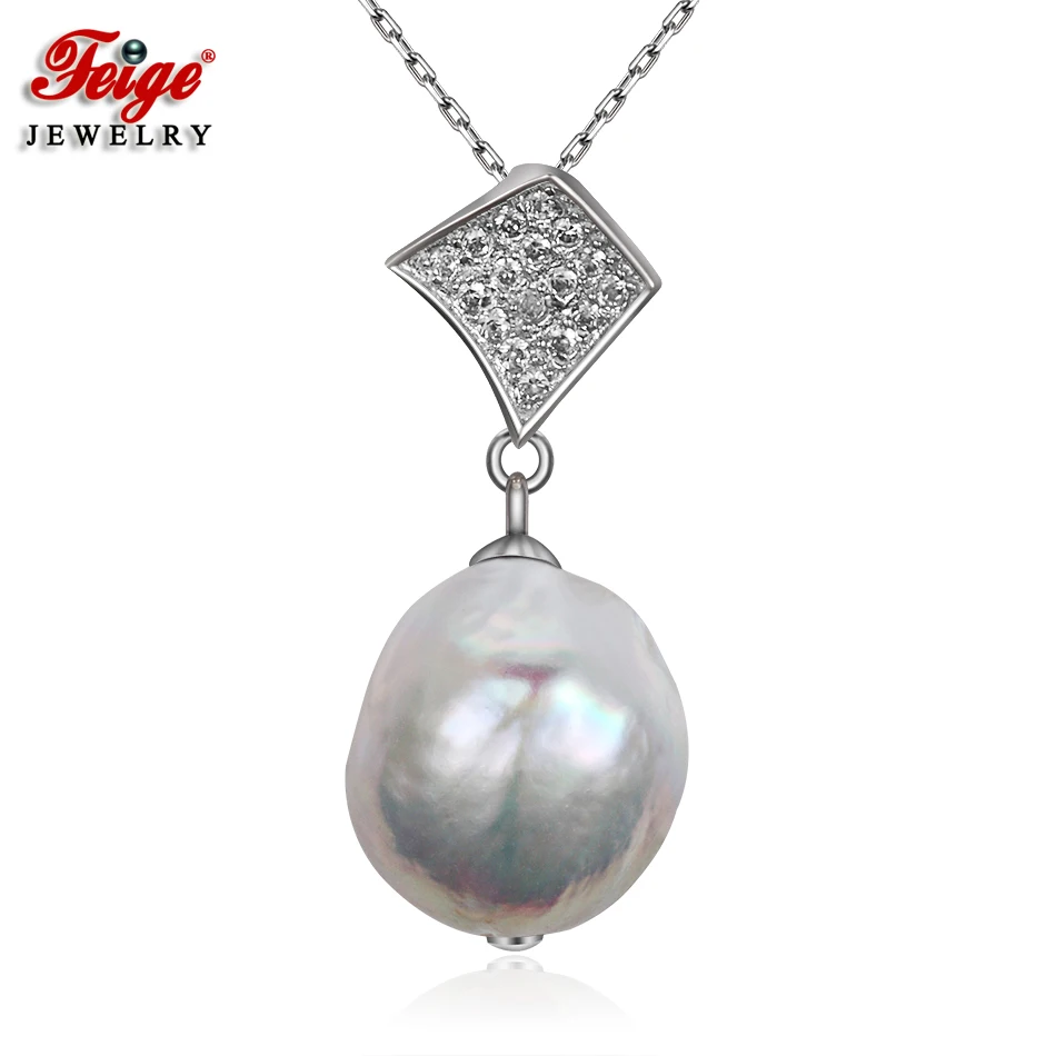 

FEIGE Baroque style 13mm Big White Natural Freshwater Pearl Pendant Real 925 Silver Pendant Necklaces for Women Fine Jewelry