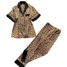 Для женщин моделирование шелк леопардовая Пижама пижамы длинные брюки комплект одежды для сна пикантные летние шифоновое платье 40mi03