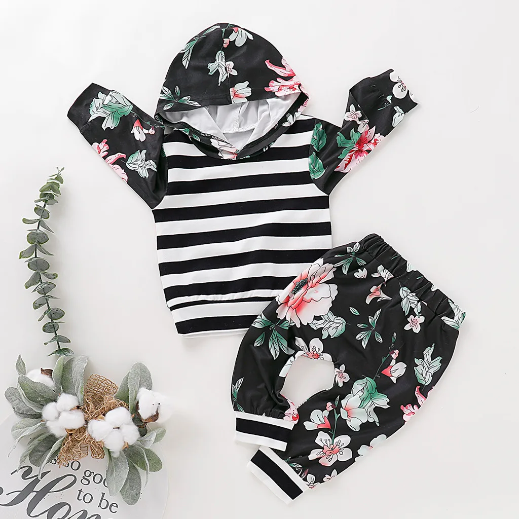 

Children Clothing Sets Toddler Kids Baby Boys Girls Floral Print Striped Hooded Tops Pants Outfits Autumn Winter Girls Sets C50#