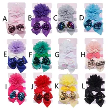 Новинка, 3 предмета, модная детская эластичная Цветочная повязка на голову Блестки для волос, повязка на голову для девочек, комплект, аксессуар для парикмахера#0403 BB