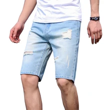 Джинсовые шорты летние мужские Пятиточечные Рваные джинсовые шорты мужские хлопковые прямые светло-голубой цвет синий стрейч- тонкие джинсовые шорты