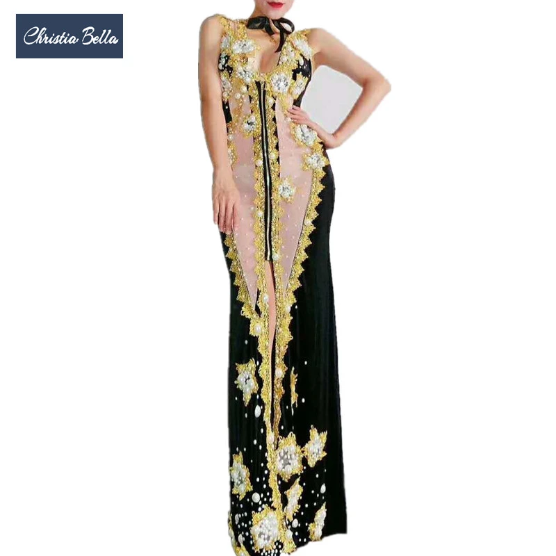 Luxury Velvet Rhinestones Party Dress Women Sleeveless Pearls Perspective One Piece Dress Performance Sexy Singer Stage Outfits Dresses Aliexpress